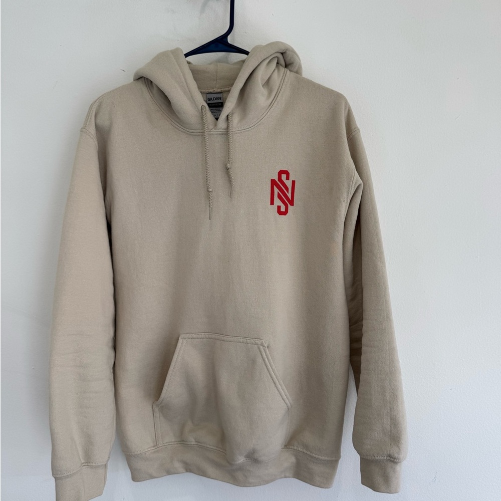 Beige “Newark Station” Hoodie with Red Logo